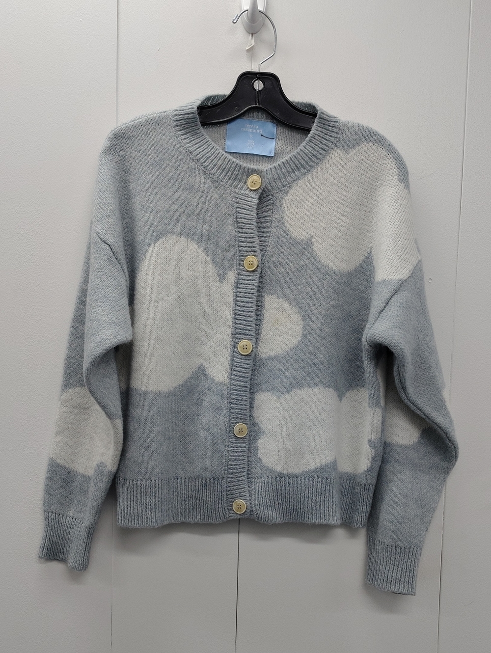 Anthropologie Cloud Pattern Crewneck Cardigan Sweater Light Blue/White Size L